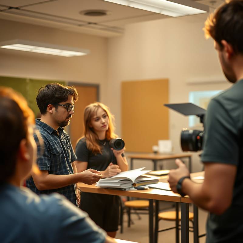 Studenten diskutieren die Filmproduktion während eines Filmproduktionskurses